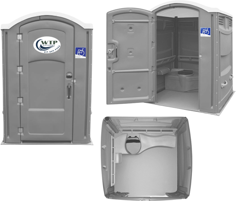 Our wheelchair accessible porta potty offers ample space for easy access and includes handrails and accessible paper holder with a hands-free door latch