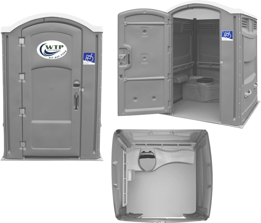 Our wheelchair accessible porta potty offers ample space for easy access and includes handrails and accessible paper holder with a hands-free door latch